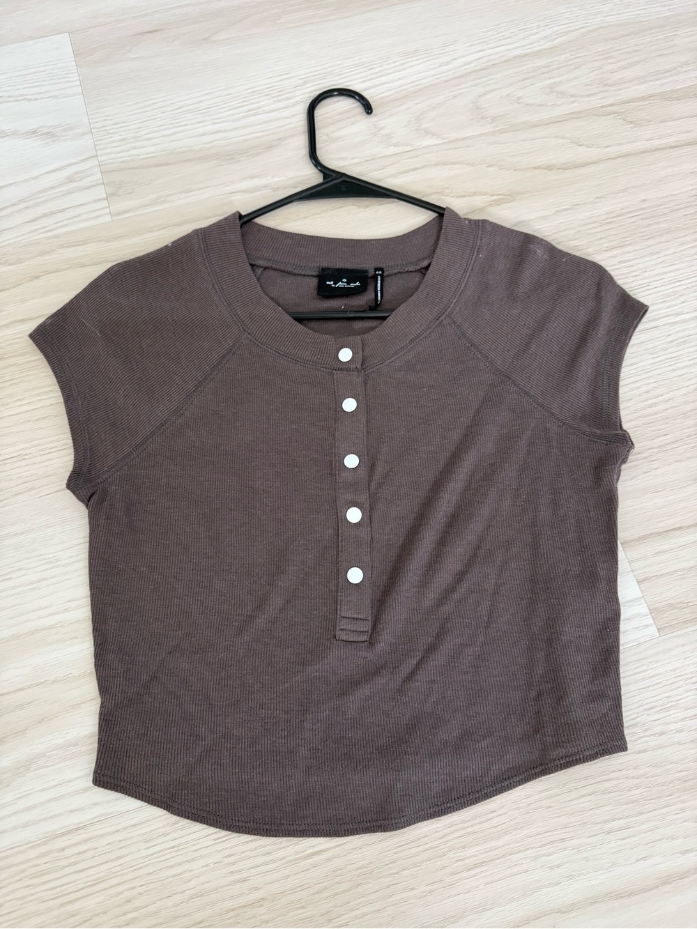 Urban Outfitters Brown Ribbed Henley Crop Top with Snap Buttons